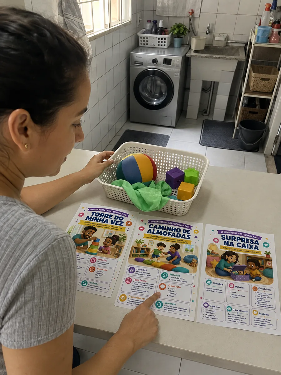 Material impresso do 50 brincadeiras destravar fala sendo usado de verdade